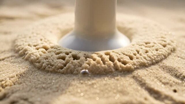 Close up of a metal object pressing into light colored sand creating a pattern