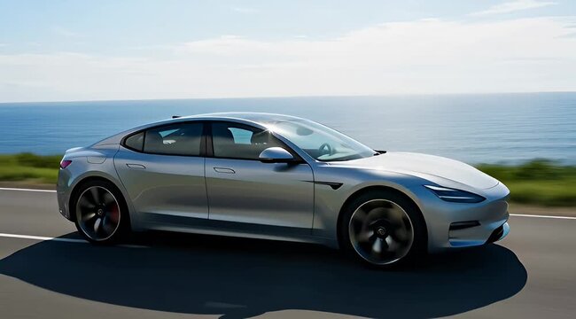 Sleek silver electric car driving along a coastal road on a sunny day