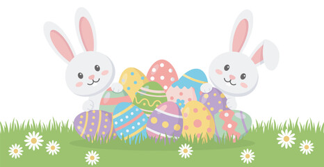 Adorable cartoon bunnies happily peek from behind a vibrant pile of decorated Easter eggs in a cheerful spring meadow illustration.