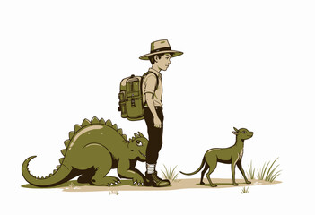 Fototapeta premium Explorer with a Backpack and His Two Unusual Companions, a Diminutive Dinosaur and a Quirky Green Dog, Adventuring in a Minimalistic Natural Setting