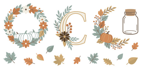 Obraz premium Autumn harvest elements collection featuring wreaths, decorative letter, pumpkin, jar, and various fall leaves.