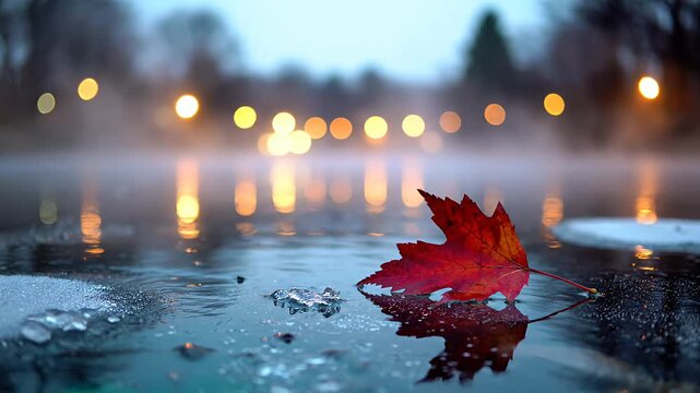 Autumn leaf and ice on water with illuminated bokeh background