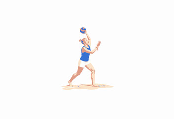 Dynamic outdoor summer beach sport image of an athletic individual preparing to serve a volleyball, highlighting agility, focus, and precision in action