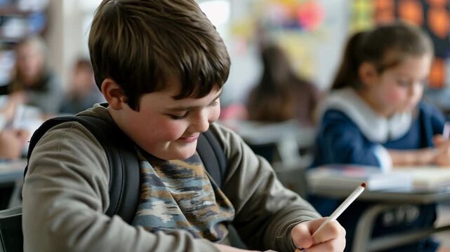 Teen with autism laughing in classroom