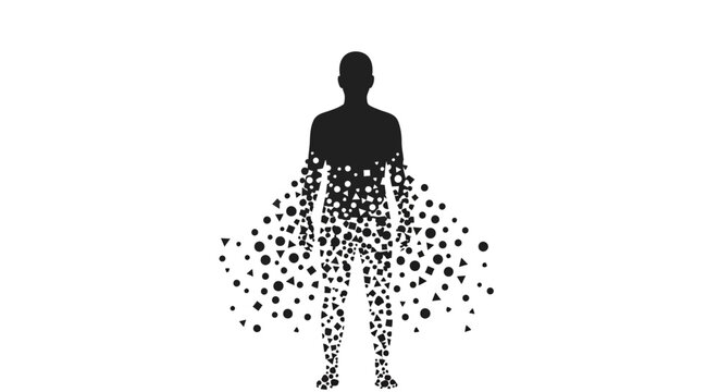 Human Figure Dissolving into Particles on White Background