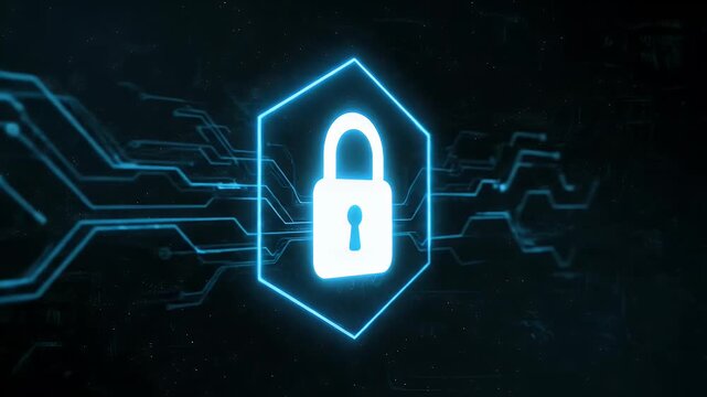 Neon lock symbol inside a hexagon on circuit board background. Digital security concept