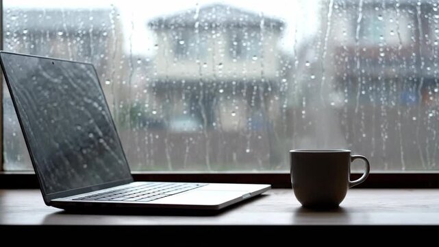 Cozy Workspace with Laptop and Coffee on a Rainy Day