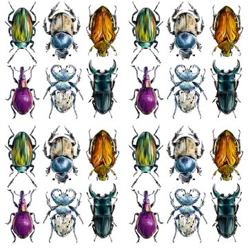 seamless pattern with hand drawn exotic beatles, drawing of colorful decorative bugs, digital Illustration