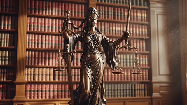 Bronze statue of Lady Justice, blindfolded, holding scales and sword, in front of a library