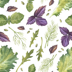 Fototapeta premium Aromatic herbs, salad greens, and spices, seamless pattern, watercolor illustration. Background of fresh, farm organic produce. Green food background for textiles, restaurant menus, markets