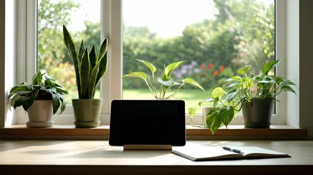Cozy home office desk with houseplants and a garden view
