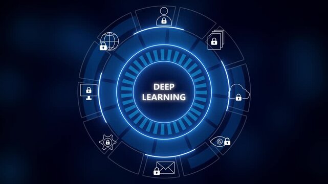 Deep learning neon circular interface with security icons. Title:Deep learning HUD interface with cybersecurity and data protection icons. Futuristic deep learning HUD interface for network