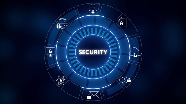 Blue circular security interface with icons for cloud, lock, email, globe, user and shield around a glowing central ring labeled 'security' on dark background