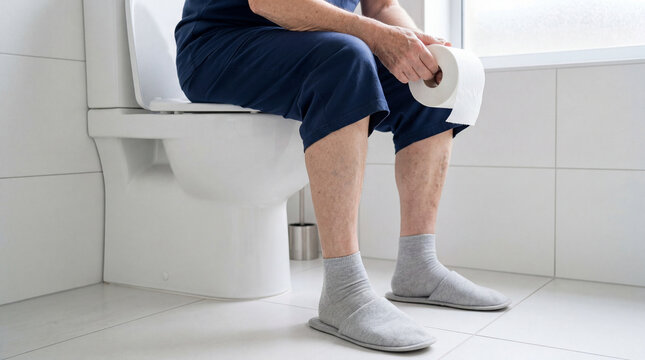Senior man sits on toilet suffering from hemorrhoid pain and constipation. Concept of digestive health issue and elderly bathroom problem.