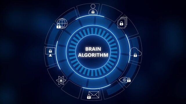 Futuristic blue hud interface with circular tech dial and text brain algorithm, surrounded by security lock and data icons, abstract ai cybersecurity concept background