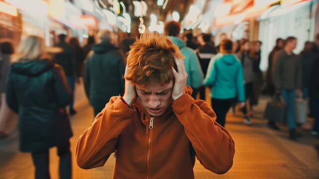 Stressed young man suffering from anxiety in a crowd