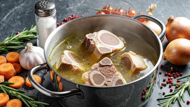 Beef bones simmering in a pot with vegetables for broth