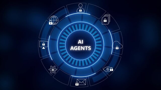 Glowing blue circular interface with 'AI agents' text, futuristic tech theme, security icons around ring on dark background