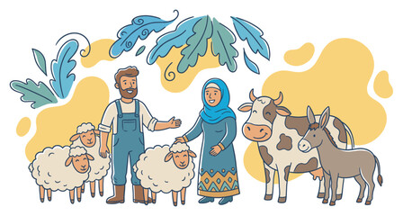 Naklejka premium Farmer and woman with happy farm animals standing together in a friendly cartoon illustration, depicting a diverse agricultural community.