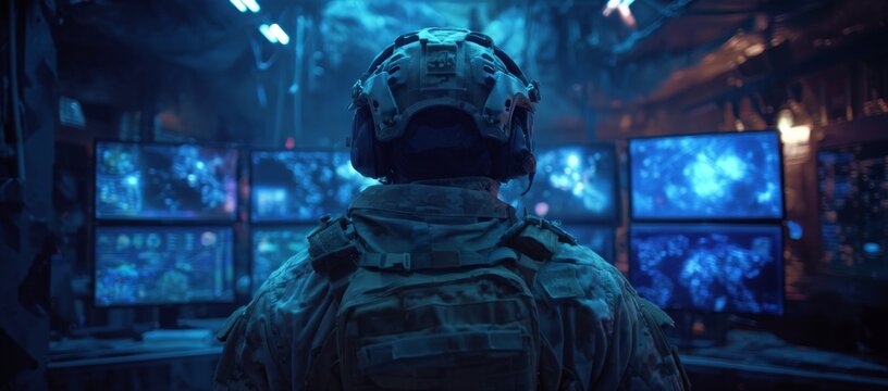 Strategic Operations: Soldier Analyzing Cyber Warfare Tactics in a High-Tech Control Room