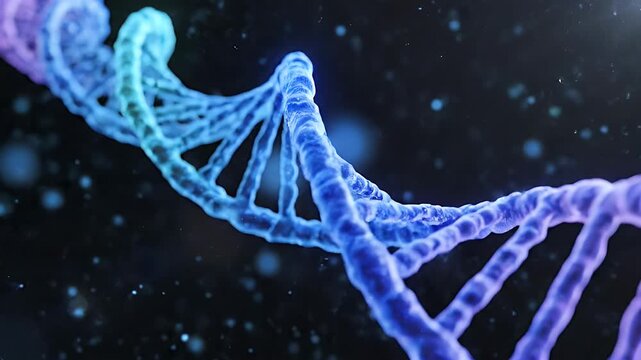 3D rendered DNA model, vibrant blue-purple hues against a dark, particulate backdrop