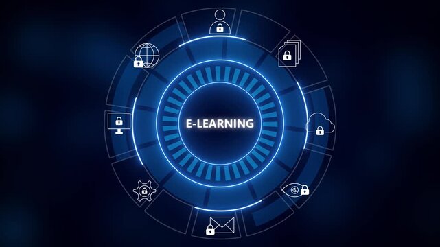 Glowing circular e-learning interface with icons and locks on dark blue background. Digital ecosystem HUD interface with cybersecurity and cloud network icons.