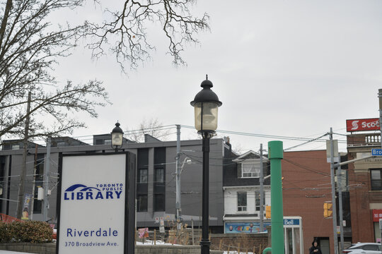sign outside Toronto Public Library - Riverdale Branch, 370 Broadview Av (northwest corner) Gerrard St E