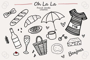 French themed doodles featuring food wine and iconic imagery © KumariKamona