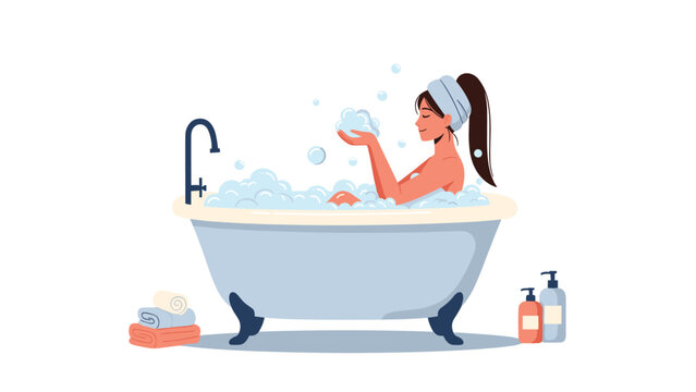 Relaxing scene of a young woman with a hair towel taking a luxurious bubble bath in a vintage clawfoot tub with spa accessories nearby.