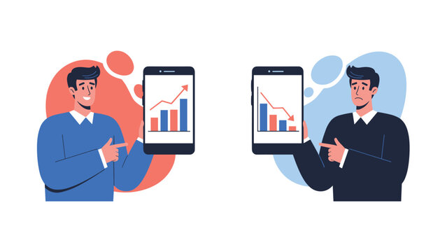 Successful man pointing to a growth graph on one phone while looking concerned at an investment loss graph on another phone screen.