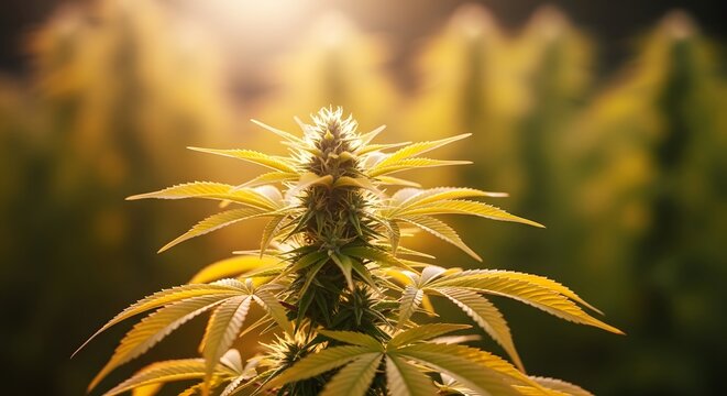 Close up of a cannabis plant in a field with sunlight shining through the leaves and highlighting the plant's details and colors