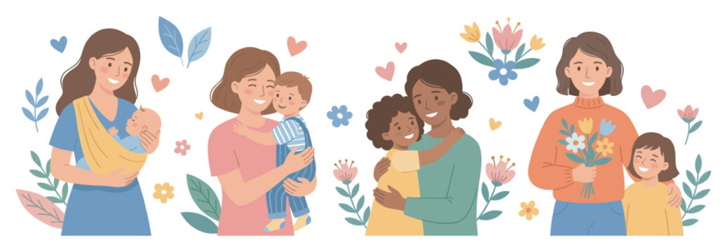 Diverse mothers and children illustrate the beautiful journey of parenting, love, and family happiness in various heartwarming scenes.