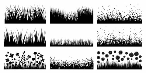 Black and white illustrations of grass flowers and dandelion seed heads © KumariKamona