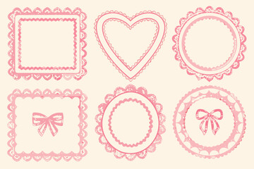 Delicate pink lace frames in square heart and circle shapes