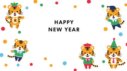 Fototapeta premium Playful happy new year card with adorable tigers dressed in various hats and colorful outfits celebrating with confetti and dots.