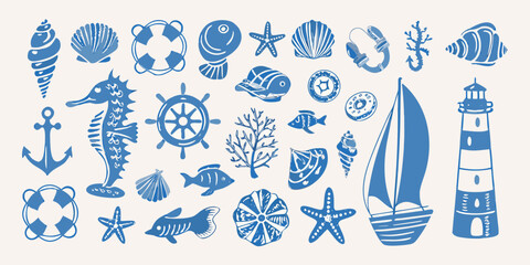 Collection of blue nautical themed illustrations including shells and sea life © KumariKamona
