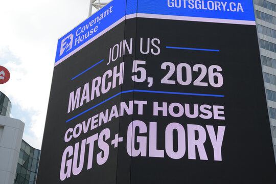 digital announcement ad sign for March 5, 2026, Covenant House Toronto, event called Guts + Glory: The Ultimate Brain + Brawn Challenge, Sankofa Square