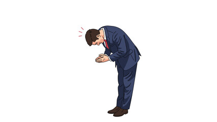 Naklejka premium Businessman in a dark suit performing a deep respectful bow which is a traditional gesture in Japanese business culture.