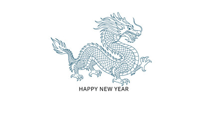 Fototapeta premium Intricate blue line drawing of a traditional Chinese dragon for the Lunar New Year celebration on a plain background.