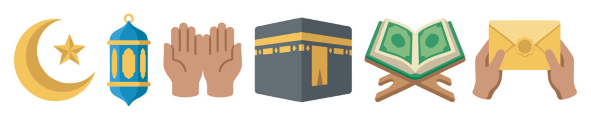 Islamic religious symbols icons set featuring important cultural elements like the crescent, lantern, Kaaba, and Quran for spiritual themes.