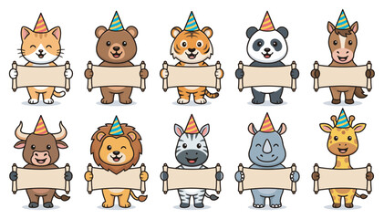 Fototapeta premium Cute cartoon animals wearing party hats holding blank banners are ready for a celebration or to display your custom message.