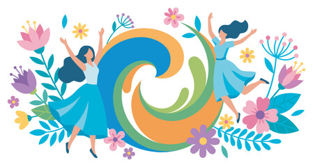 Naklejka premium Two women celebrating joyfully amidst vibrant flowers and flowing abstract shapes, embodying freedom, happiness, and natural beauty.