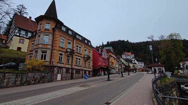 Street view of the city Triberg, Baden-Wuerttemberg, Germany. On a cloudy day in spring Schwarzwald at Summer Day.