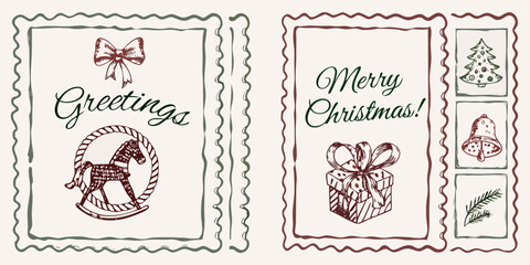 Hand drawn christmas card designs with festive sketches and borders © Dilip