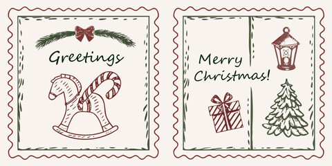 Two vintage style christmas postage stamps with festive illustrations © Dilip