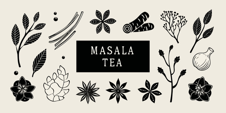 Masala tea illustration featuring botanical elements and spice depictions