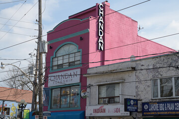 Obraz premium exterior building facade and sign of Chandan Fashion, a bridal shop and other clothing place, at 1439 Gerrard St E, Gerrard India Bazaar, Toronto