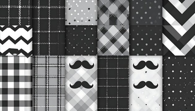 Assorted gray patterns chevron, plaid, polka dot, mustaches, & more