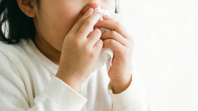 鼻水や鼻づまりに悩む子供の表情。風邪や鼻炎のセルフケアシーン