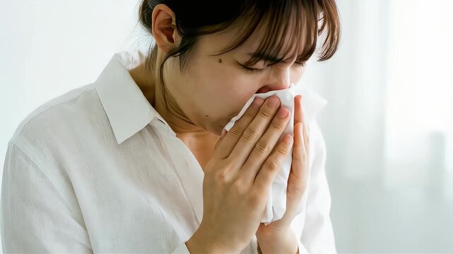 ティッシュで鼻をかみ不快感に耐える女性。アレルギー症状とセルフケアのシーン
